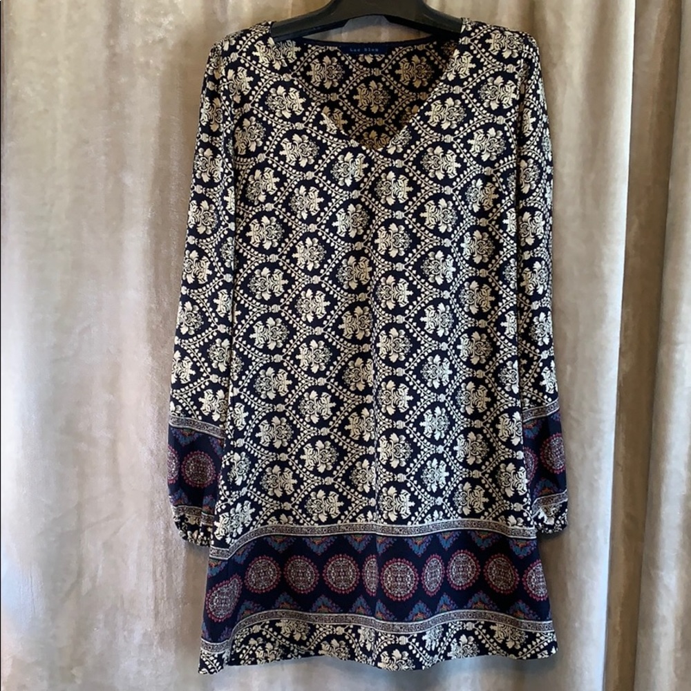 Mini Shift Dress Navy Print Long Split Sleeve S